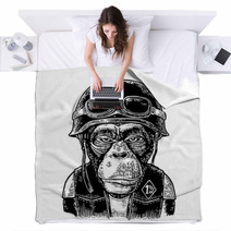 Monkey In The Motorcycle Helmet And Glasses Vintage Black Engraving Blankets 147225892