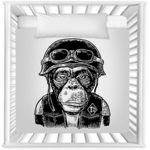 Monkey In The Motorcycle Helmet And Glasses Vintage Black Engraving Nursery Decor 147225892