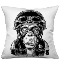 Monkey In The Motorcycle Helmet And Glasses Vintage Black Engraving Pillows 147225892