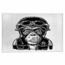 Monkey In The Motorcycle Helmet And Glasses Vintage Black Engraving Rugs 147225892