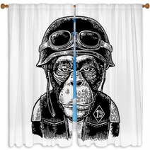 Monkey In The Motorcycle Helmet And Glasses Vintage Black Engraving Window Curtains 147225892