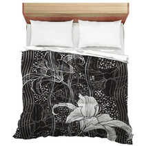 Monochrome Seamless Pattern With Lilies. Hand-drawn Floral Backg Bedding 68148608