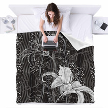 Monochrome Seamless Pattern With Lilies. Hand-drawn Floral Backg Blankets 68148608