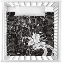 Monochrome Seamless Pattern With Lilies. Hand-drawn Floral Backg Nursery Decor 68148608