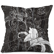 Monochrome Seamless Pattern With Lilies. Hand-drawn Floral Backg Pillows 68148608