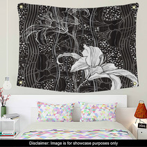 Monochrome Seamless Pattern With Lilies. Hand-drawn Floral Backg Wall Art 68148608