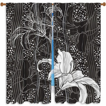 Monochrome Seamless Pattern With Lilies. Hand-drawn Floral Backg Window Curtains 68148608