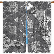 Monochrome Seamless Pattern With Poppies. Hand-drawn Floral Back Window Curtains 72579407