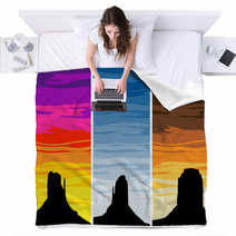 Monument Valley Silhouettes On Different Sunset Skies EPS8 Vect Blankets 62836872