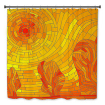 Mosaic Abstract Red Sun With Trees In Yellow Tone Bath Decor 44150549