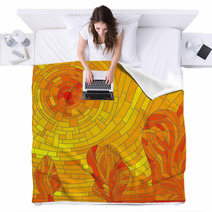 Mosaic Abstract Red Sun With Trees In Yellow Tone Blankets 44150549