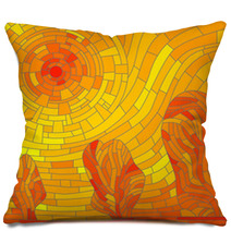 Mosaic Abstract Red Sun With Trees In Yellow Tone Pillows 44150549