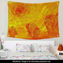 Mosaic Abstract Red Sun With Trees In Yellow Tone Wall Art 44150549