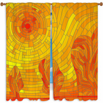 Mosaic Abstract Red Sun With Trees In Yellow Tone Window Curtains 44150549