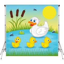 Mother Duck  With  Ducklings On Lake - Vector Illustration, Eps Backdrops 83325029