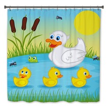 Mother Duck  With  Ducklings On Lake - Vector Illustration, Eps Bath Decor 83325029