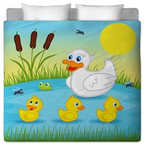 Mother Duck  With  Ducklings On Lake - Vector Illustration, Eps Bedding 83325029