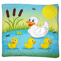 Mother Duck  With  Ducklings On Lake - Vector Illustration, Eps Blankets 83325029