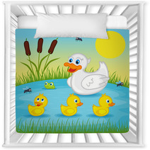 Mother Duck  With  Ducklings On Lake - Vector Illustration, Eps Nursery Decor 83325029