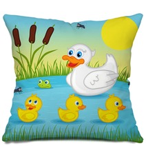 Mother Duck  With  Ducklings On Lake - Vector Illustration, Eps Pillows 83325029