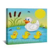 Mother Duck  With  Ducklings On Lake - Vector Illustration, Eps Wall Art 83325029