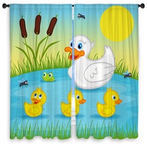 Mother Duck  With  Ducklings On Lake - Vector Illustration, Eps Window Curtains 83325029