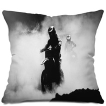 Motocross Racer Accelerating In Dust Track Black And White Hig Pillows 95130458