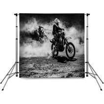 Motocross Racer Accelerating In Dust Track Black And White Photo Backdrops 113262467