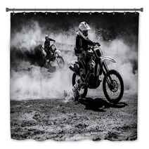 Motocross Racer Accelerating In Dust Track Black And White Photo Bath Decor 113262467
