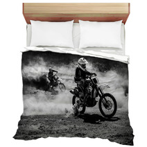 Motocross Racer Accelerating In Dust Track Black And White Photo Bedding 113262467
