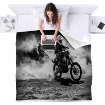 Motocross Racer Accelerating In Dust Track Black And White Photo Blankets 113262467
