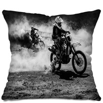 Motocross Racer Accelerating In Dust Track Black And White Photo Pillows 113262467
