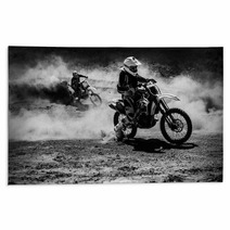 Motocross Racer Accelerating In Dust Track Black And White Photo Rugs 113262467
