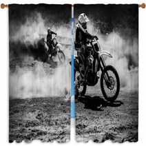 Motocross Racer Accelerating In Dust Track Black And White Photo Window Curtains 113262467