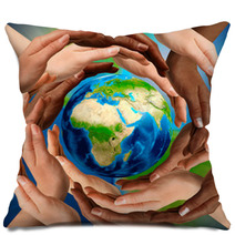 Multiracial Hands Around The Earth Globe Pillows 24838650