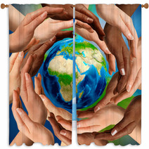 Multiracial Hands Around The Earth Globe Window Curtains 24838650