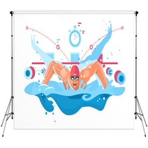 Muscular Swimmer In Competition Swimming Pool Backdrops 230209008