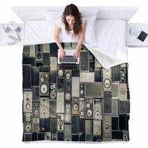 Music Speakers On The Wall In Monochrome Vintage Style Blankets 61387445