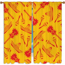 National Mexican Objects Seamless Pattern Vector Texture With Sombrero Guitar And Maracas In Red Color On Yellow Or Orange Background For Event Decoration Promo Design Or Seamless Fabric Print Window Curtains 199890032