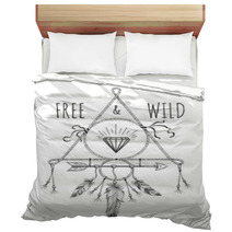 Native American Boho Feathers Arrows And Crystal Vector Design Ornament With Free And Wild Text Bedding 125340794