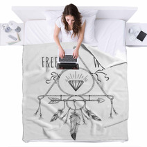 Native American Boho Feathers Arrows And Crystal Vector Design Ornament With Free And Wild Text Blankets 125340794