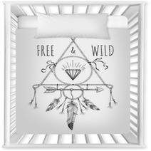 Native American Boho Feathers Arrows And Crystal Vector Design Ornament With Free And Wild Text Nursery Decor 125340794
