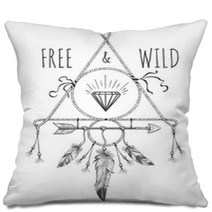 Native American Boho Feathers Arrows And Crystal Vector Design Ornament With Free And Wild Text Pillows 125340794