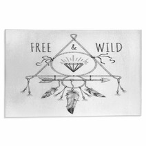 Native American Boho Feathers Arrows And Crystal Vector Design Ornament With Free And Wild Text Rugs 125340794