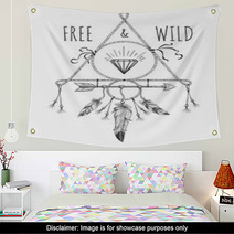 Native American Boho Feathers Arrows And Crystal Vector Design Ornament With Free And Wild Text Wall Art 125340794