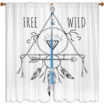 Native American Boho Feathers Arrows And Crystal Vector Design Ornament With Free And Wild Text Window Curtains 125340794