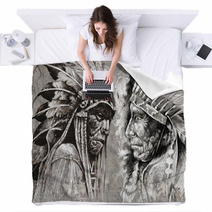Native American Indian Head Chief Retro Style Blankets 49355481