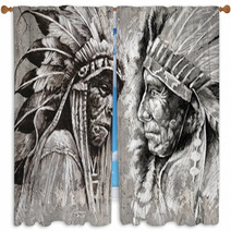 Native American Indian Head Chief Retro Style Window Curtains 49355481