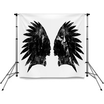 Native American Indian Warrior Profile With Feather Headdress Black And White Vector Design Backdrops 181236058