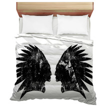 Native American Indian Warrior Profile With Feather Headdress Black And White Vector Design Bedding 181236058